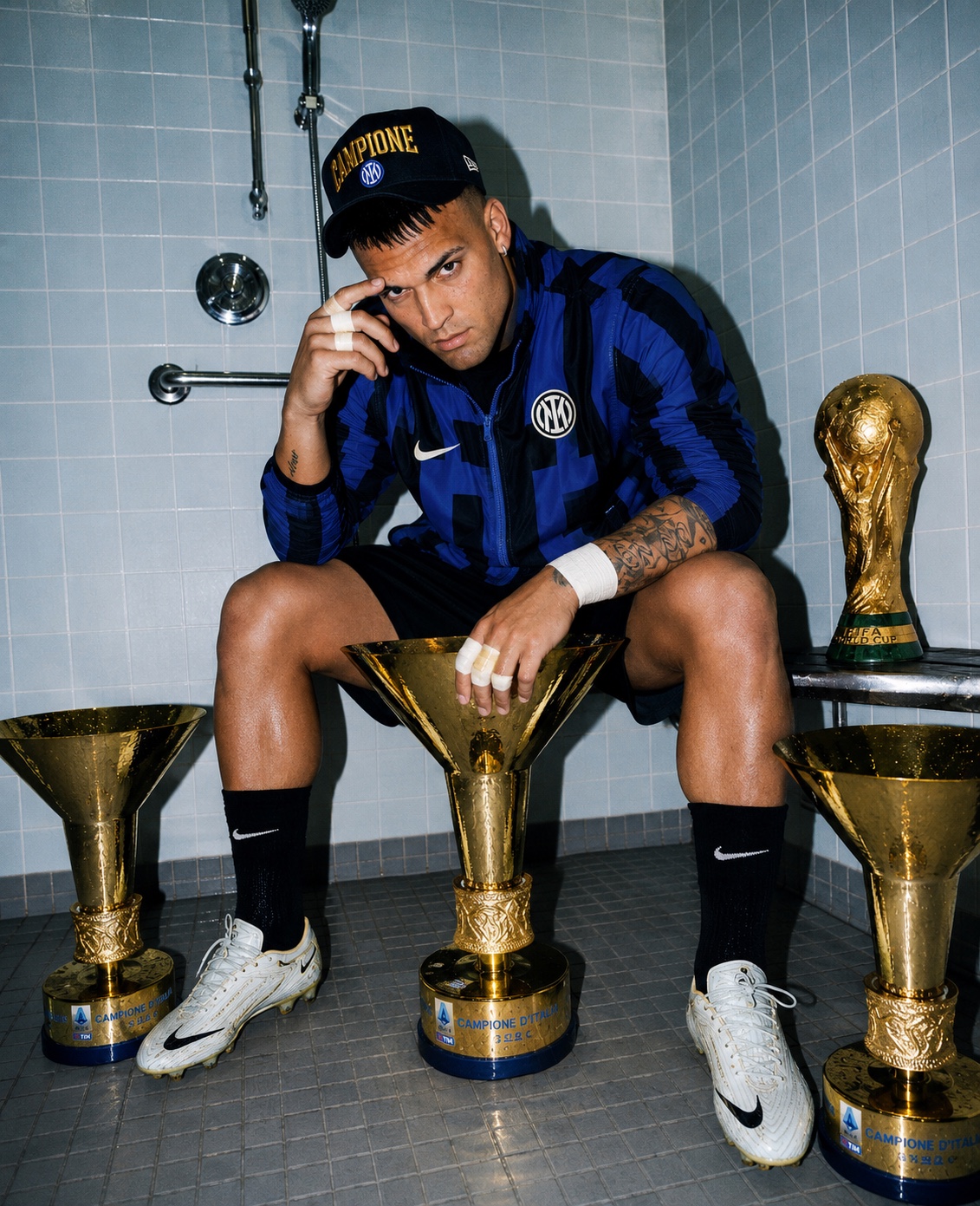 AI-assisted football portrait in an Inter-inspired locker-room setting with trophies