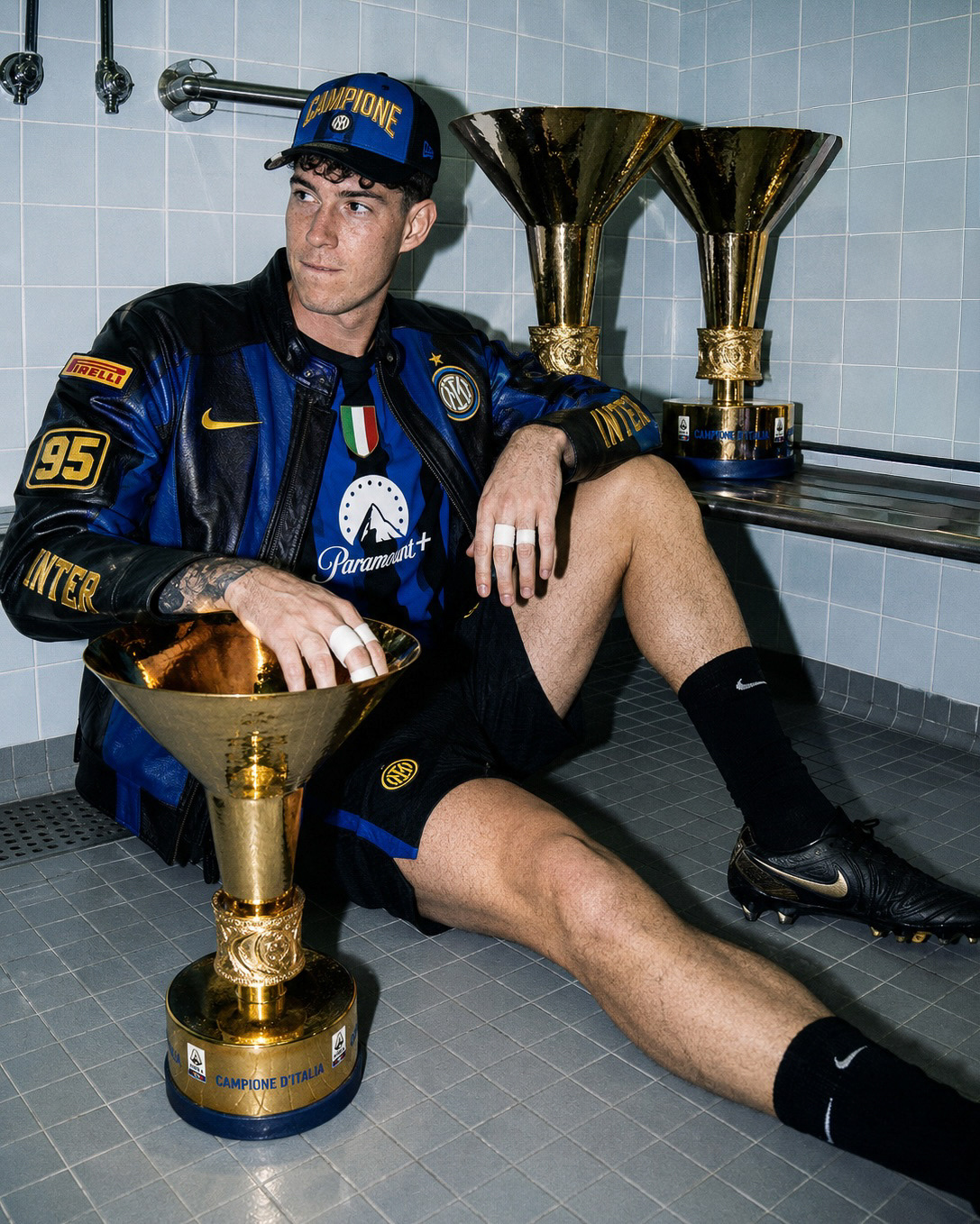 AI-assisted football portrait with a leather jacket and trophy