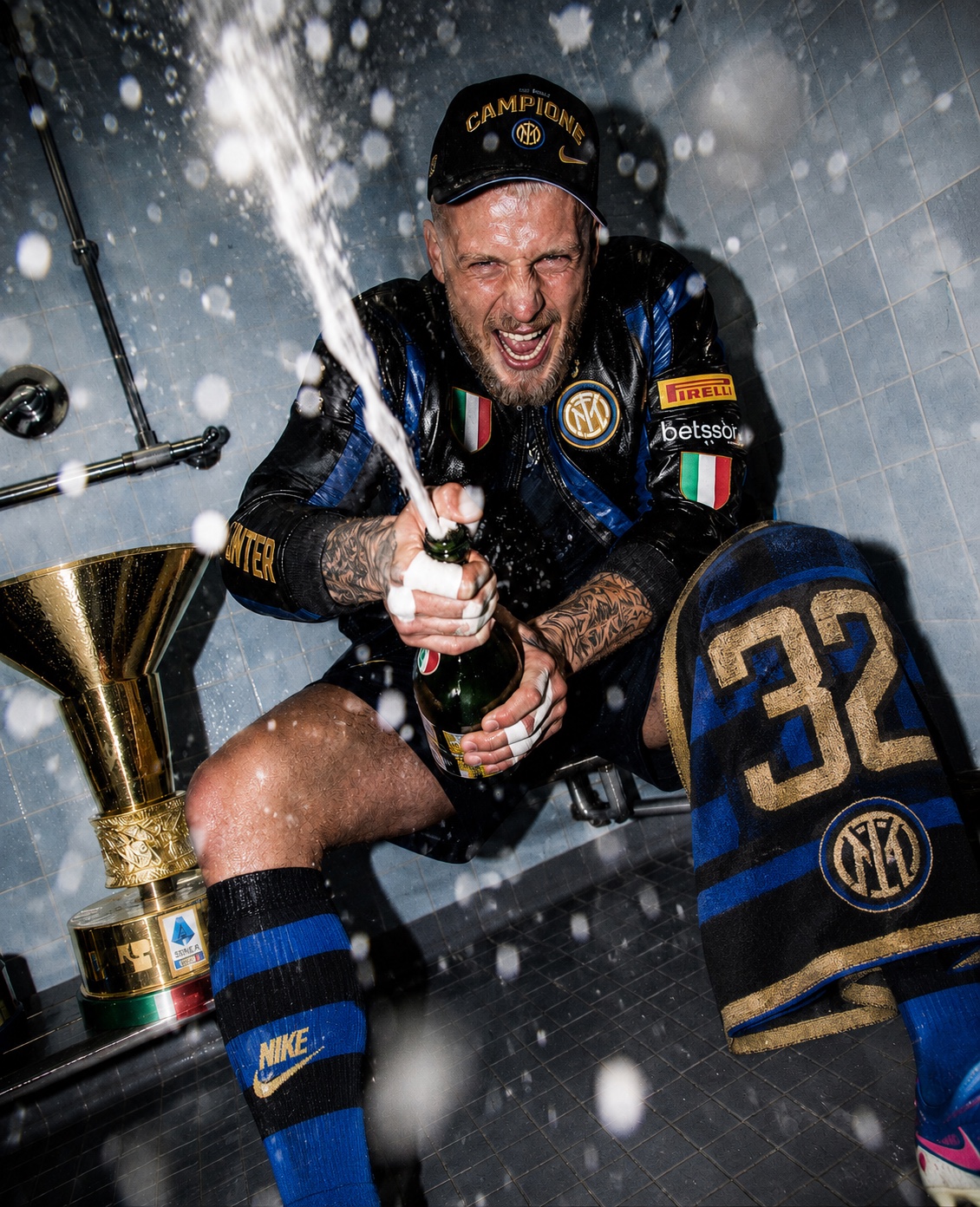 AI-assisted celebratory football portrait with champagne