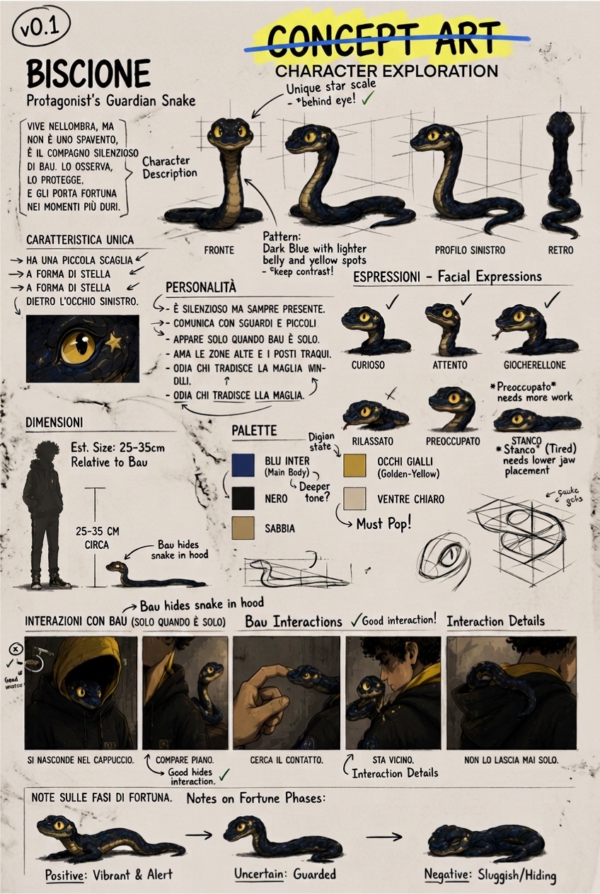 Early Biscione concept exploration with handwritten development notes