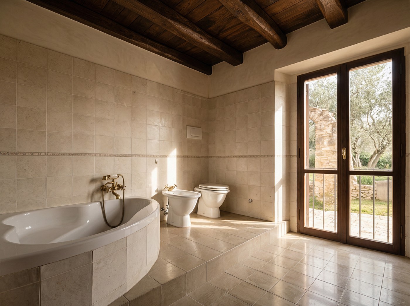 Bathroom interior opening onto a garden