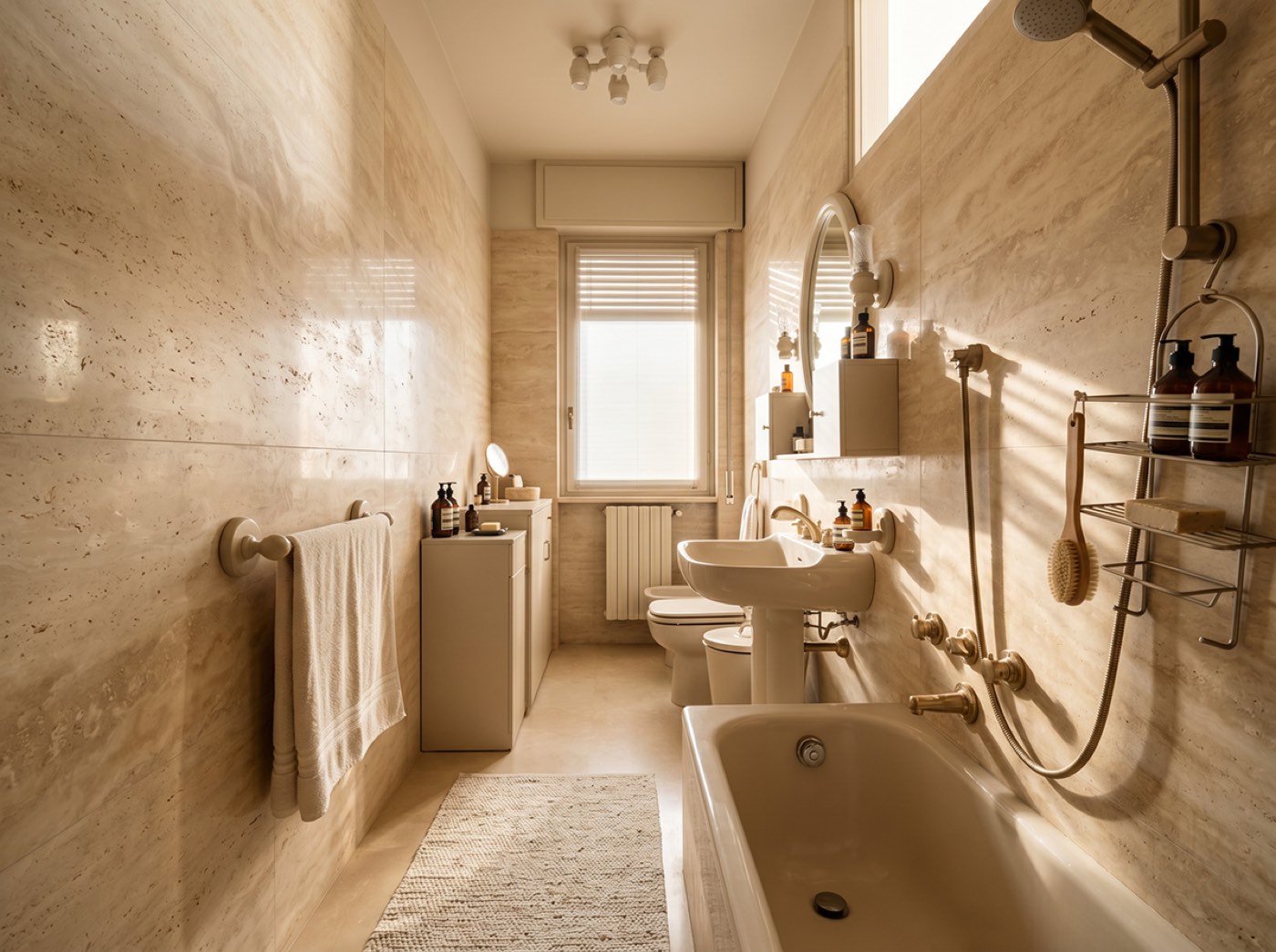 Stone bathroom with warm directional light