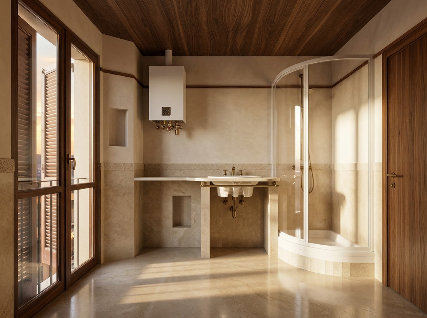 Warm bathroom interior with walnut ceiling