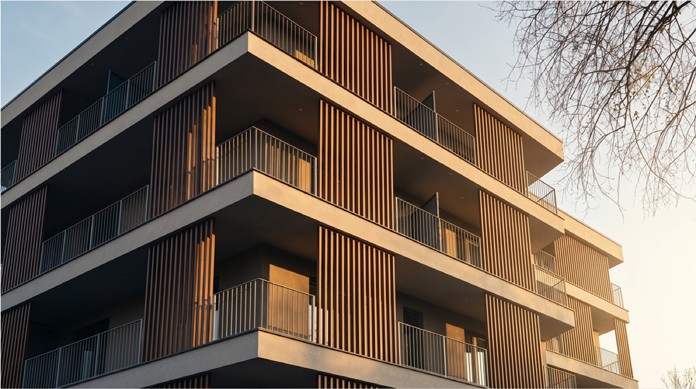 Modern residential facade in golden-hour light