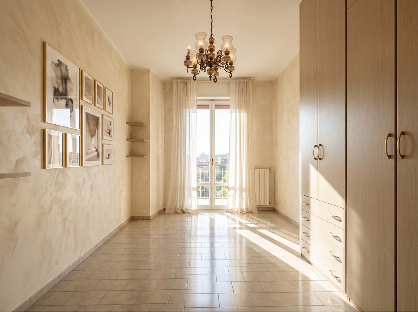 Sunlit residential interior with a balcony