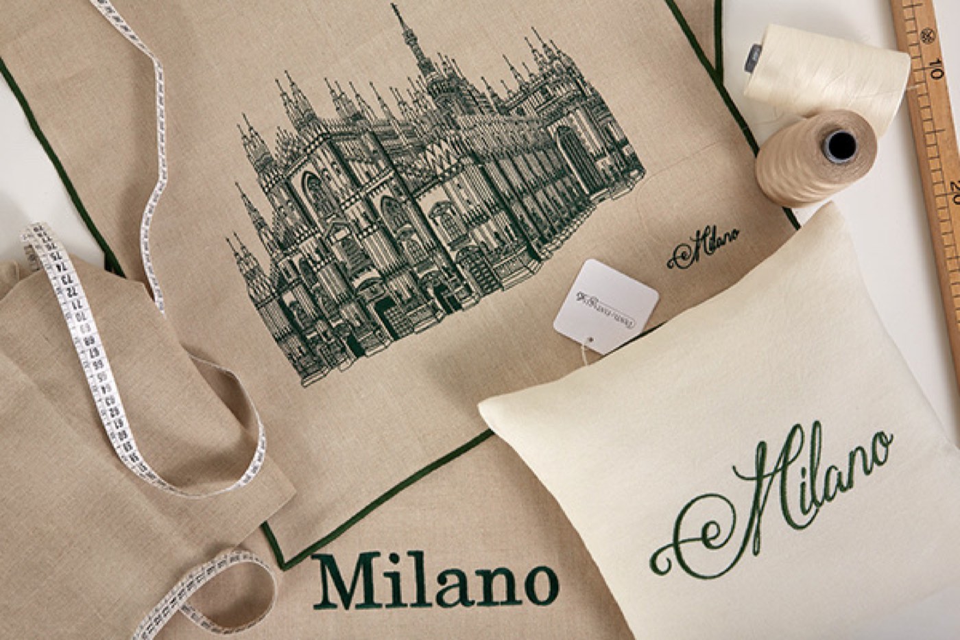 Milan-themed embroidered textiles by Punti e Fantasia
